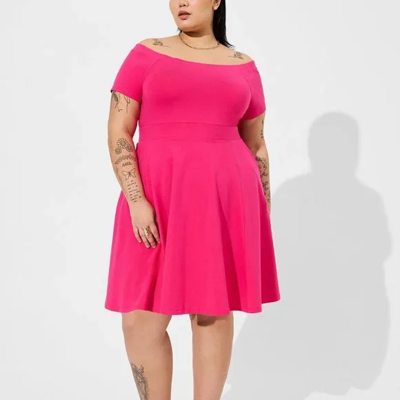 torrid | Dresses | Torrid Dress 4x Pink Foxy Off Shoulder Skater Fit Flare  Pockets Mini Barbiecore | Poshmark